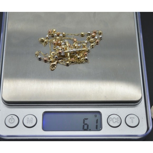 10k Solid Yellow Gold Colored Beads Rosary Virgin Mary Jesus Cross Necklace 18" - Picture 4 of 5